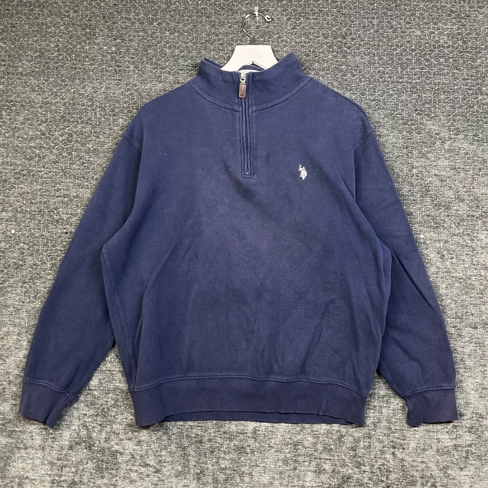 US Polo Assn 1/4 Zip Sweater Mens XL Blue Good Ribbed Cotton Mock Neck Pullover